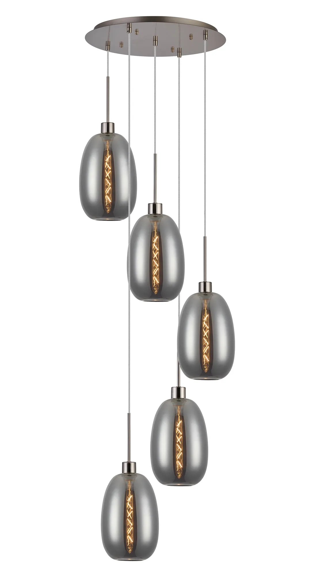 DK1378  Lori 45cm Round Pendant, 5 Light Adjustable E27, Satin Nickel/Smoke Slim Curved Trapezium Shades